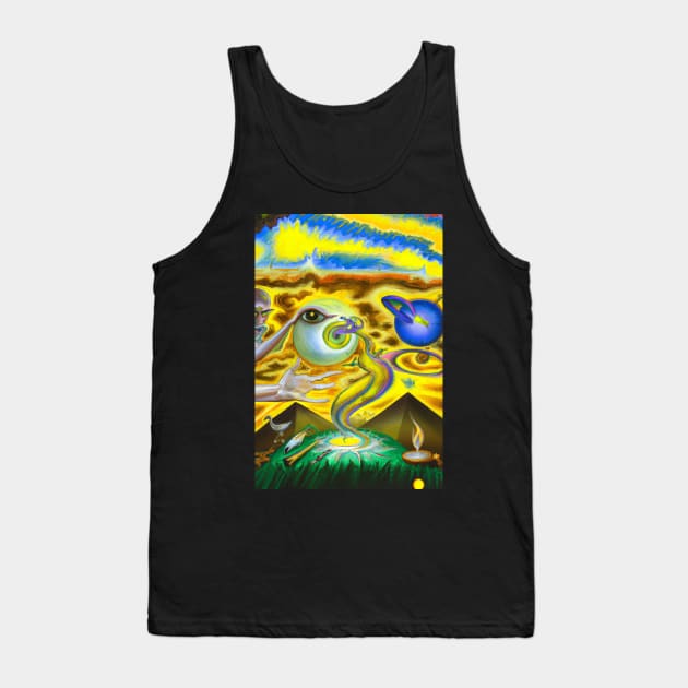 Surrealist painting with pyramids and eyes in yellow and blue man reaching for God Tank Top by hclara23